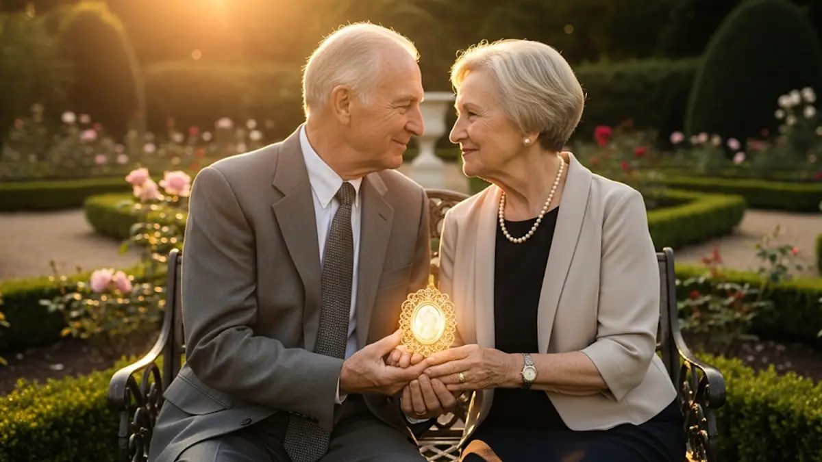 Coppia anziana felice che celebra i 50 anni di matrimonio guardando un regalo dorato in un giardino al tramonto