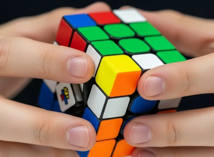 Cubo di Rubik quasi risolto con ultima faccia gialla rivolta verso la fotocamera