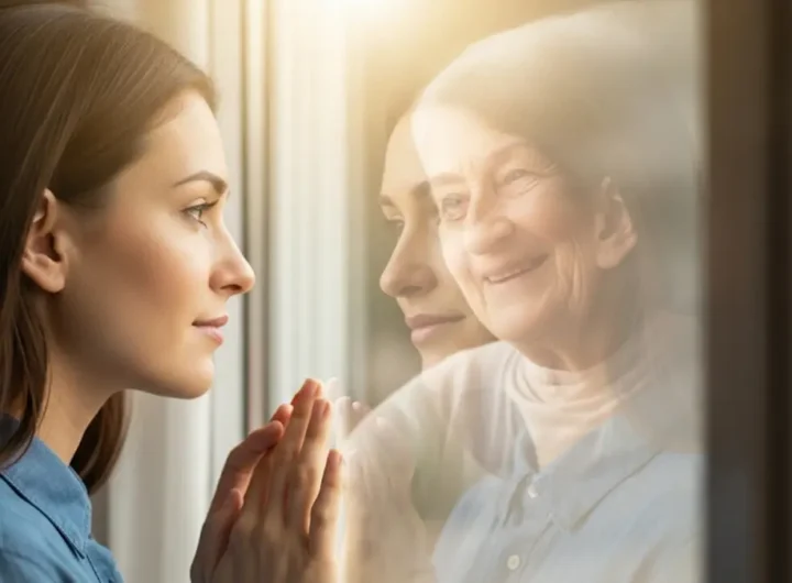 Donna guarda fuori da una finestra con espressione serena e pensierosa