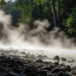 Il vapore si alza dalle acque bollenti del fiume Shanay-timpishka
