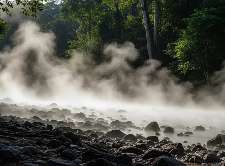 Il vapore si alza dalle acque bollenti del fiume Shanay-timpishka
