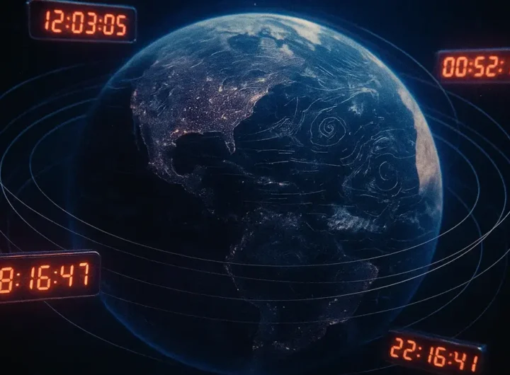 Illustrazione della Terra in rotazione con evidenziati orologi atomici e orbite satellitari