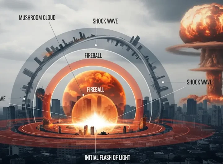 Illustrazione schematica degli effetti di un esplosione nucleare su una città