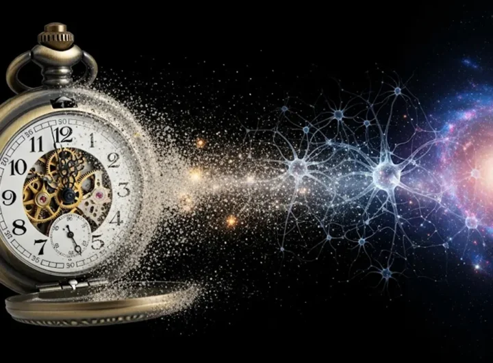 Immagine concettuale che fonde un orologio che si dissolve con una nebulosa cosmica e una rete neurale
