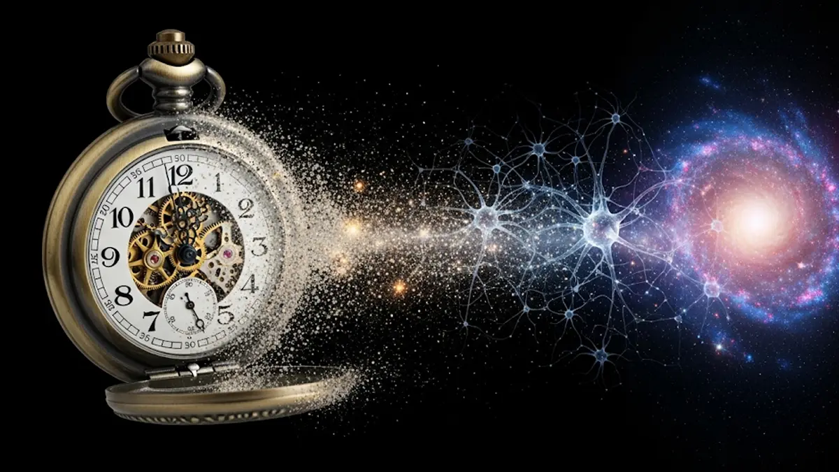 Immagine concettuale che fonde un orologio che si dissolve con una nebulosa cosmica e una rete neurale