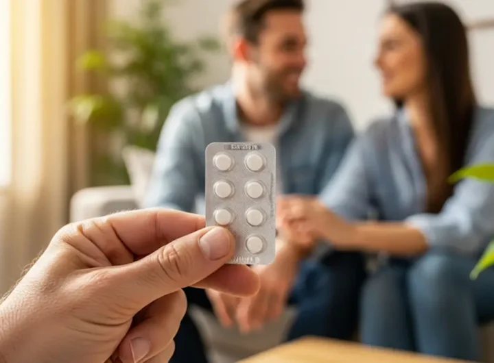 Immagine di un blister di pillole tenuto in mano da un uomo con sfondo neutro che suggerisce un ambiente domestico e di coppia
