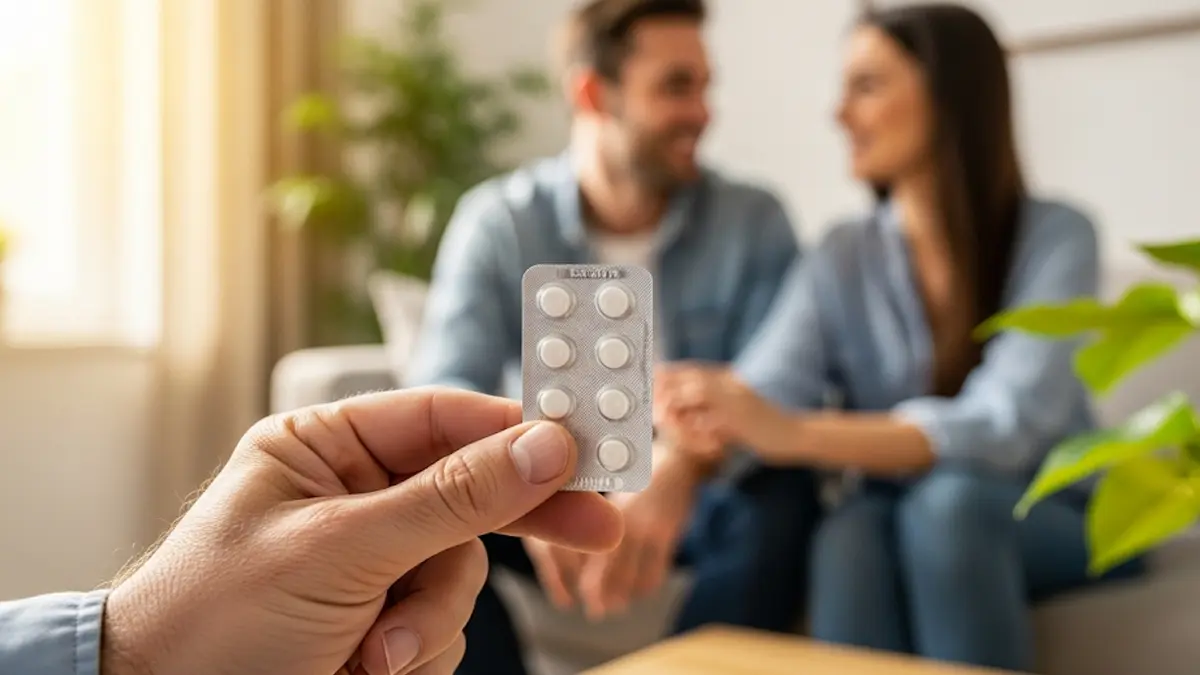 Immagine di un blister di pillole tenuto in mano da un uomo con sfondo neutro che suggerisce un ambiente domestico e di coppia