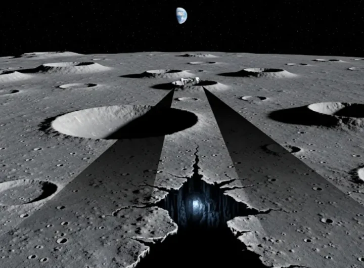 Immagine di un paesaggio lunare con crateri e una rappresentazione grafica di raggi X che penetrano il suolo