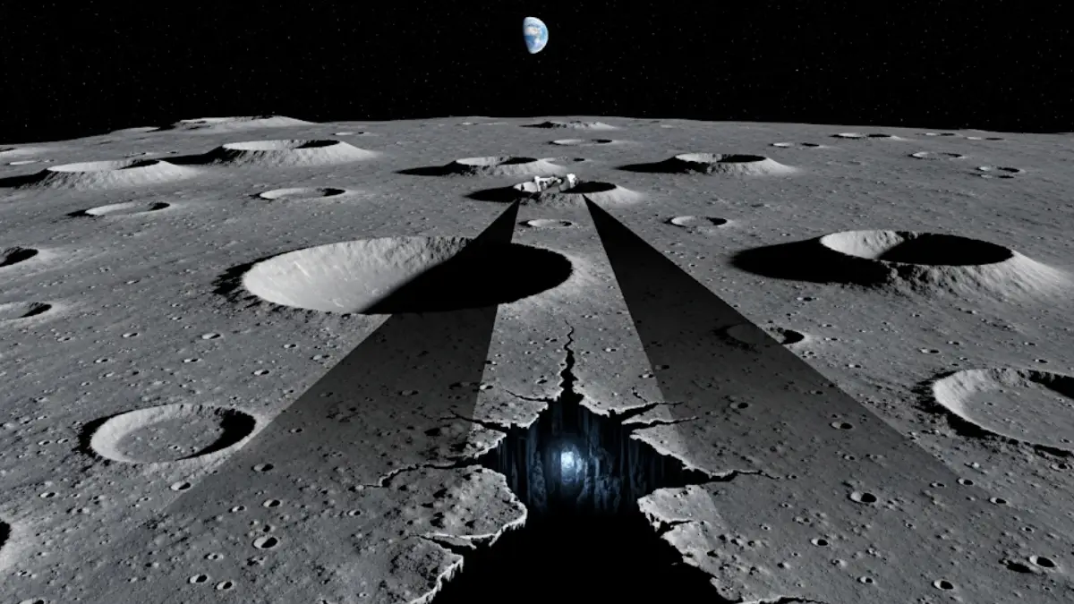 Immagine di un paesaggio lunare con crateri e una rappresentazione grafica di raggi X che penetrano il suolo