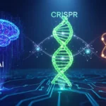 Immagine futuristica che rappresenta la convergenza di tre simboli tecnologici