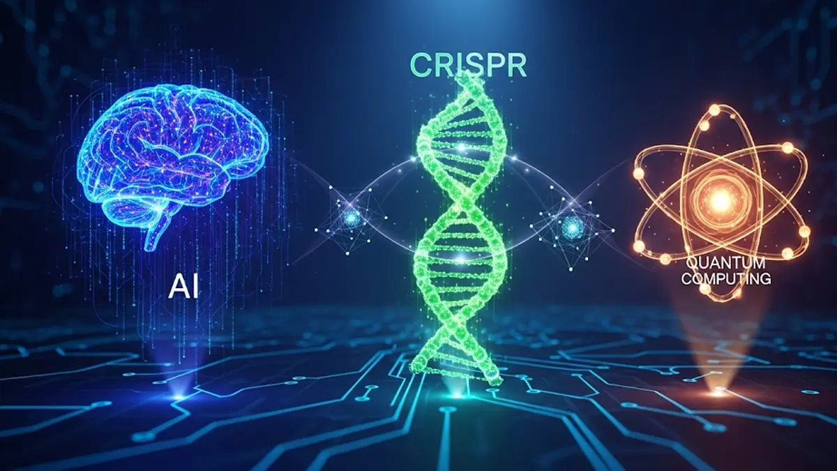 Immagine futuristica che rappresenta la convergenza di tre simboli tecnologici