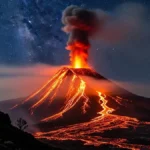 Immagine realistica di un maestoso vulcano in eruzione notturna