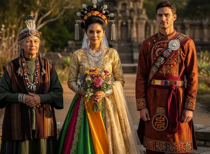 Incisione storica raffigurante un matrimonio con tre sposi in abiti tradizionali