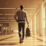 Persona che cammina in aeroporto con un unico zaino da viaggio