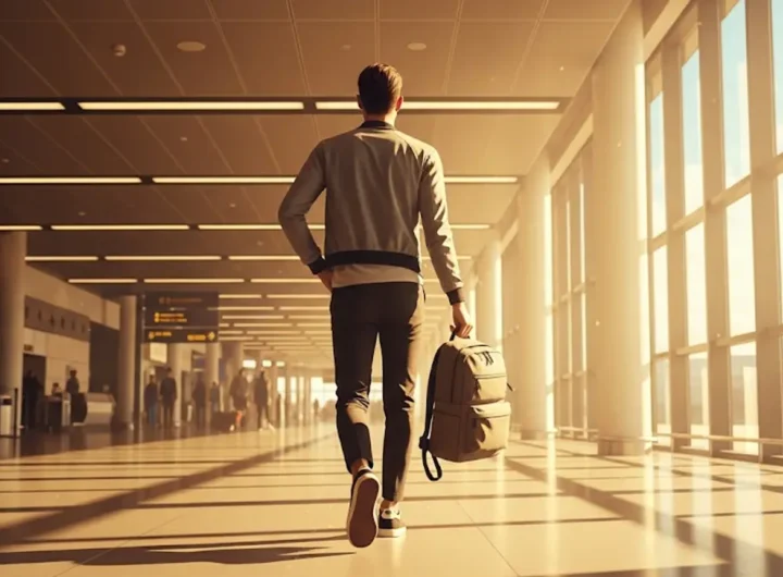 Persona che cammina in aeroporto con un unico zaino da viaggio