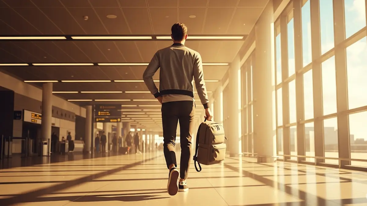 Persona che cammina in aeroporto con un unico zaino da viaggio