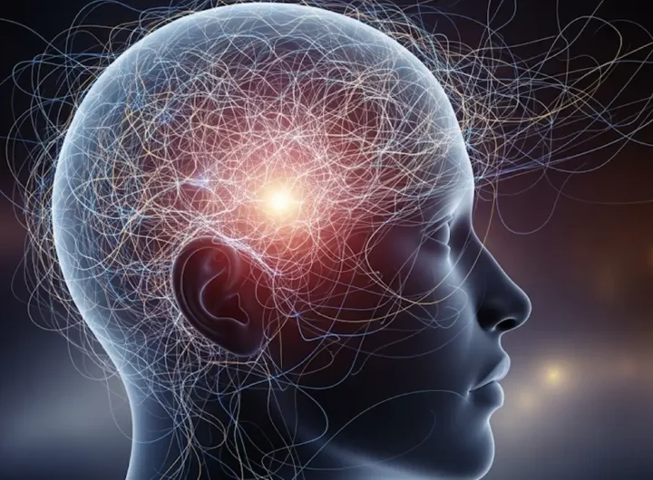 Persona che osserva con sguardo pensieroso una complessa rete di connessioni luminose