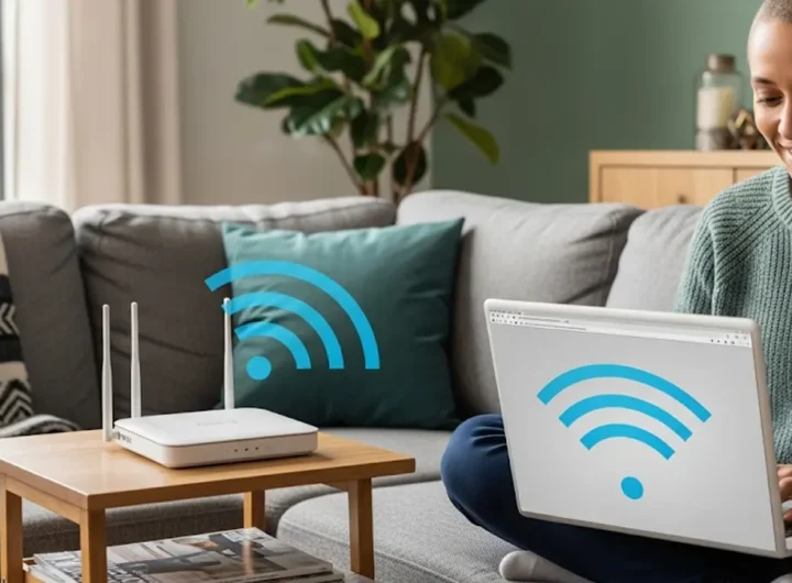 Persona seduta comodamente sul divano che naviga su un laptop con il segnale Wi-Fi forte