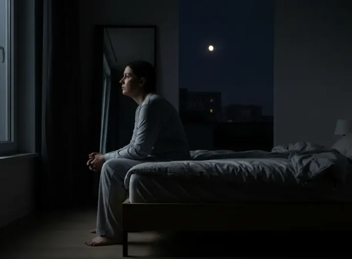 Persona seduta sul letto in una stanza buia