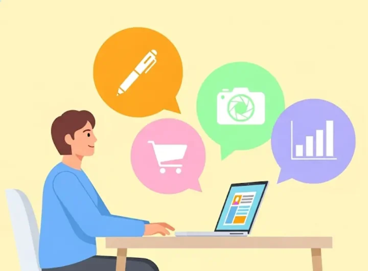 Persona sorridente seduta a una scrivania con un laptop