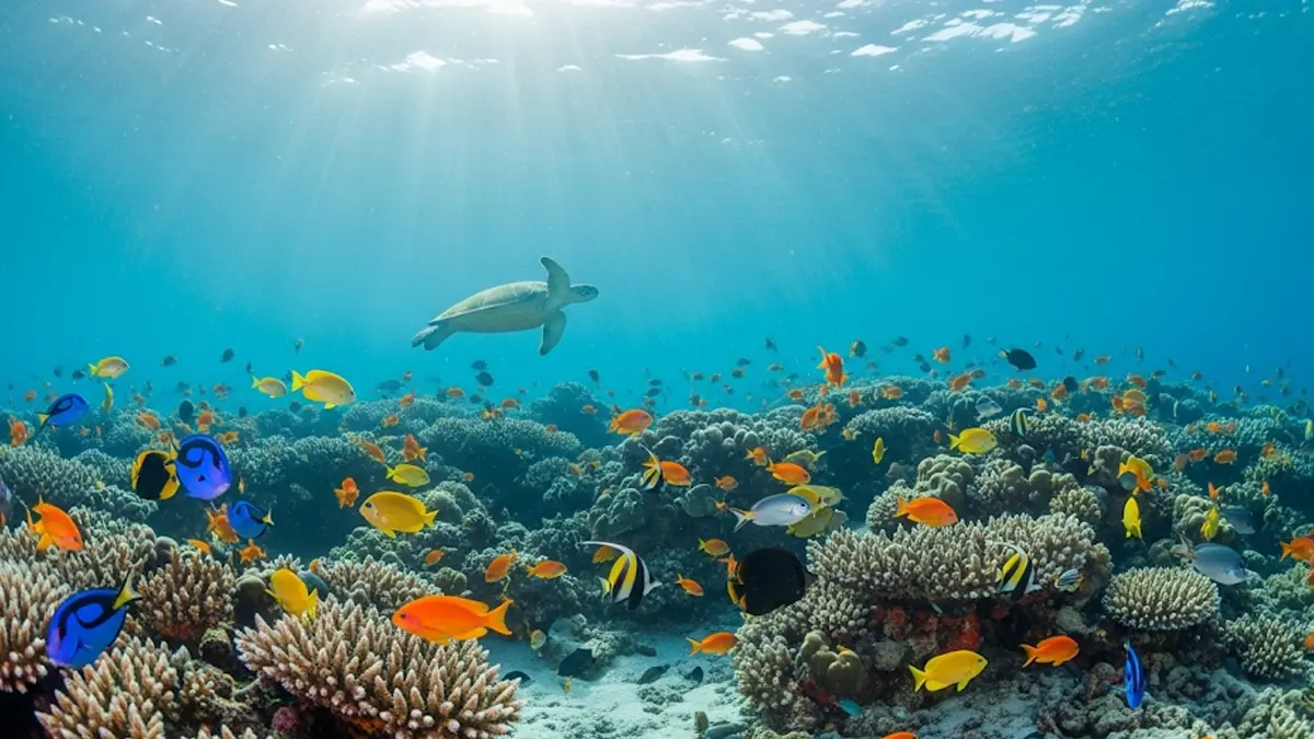 Primo piano di un banco di pesci colorati che nuotano intorno a una barriera corallina
