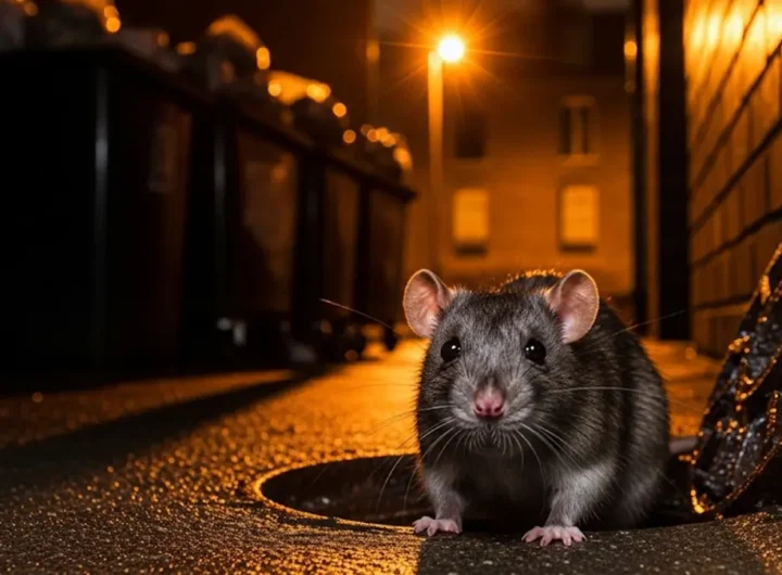 Primo piano di un grosso ratto bruno che emerge da ombra in un vicolo urbano