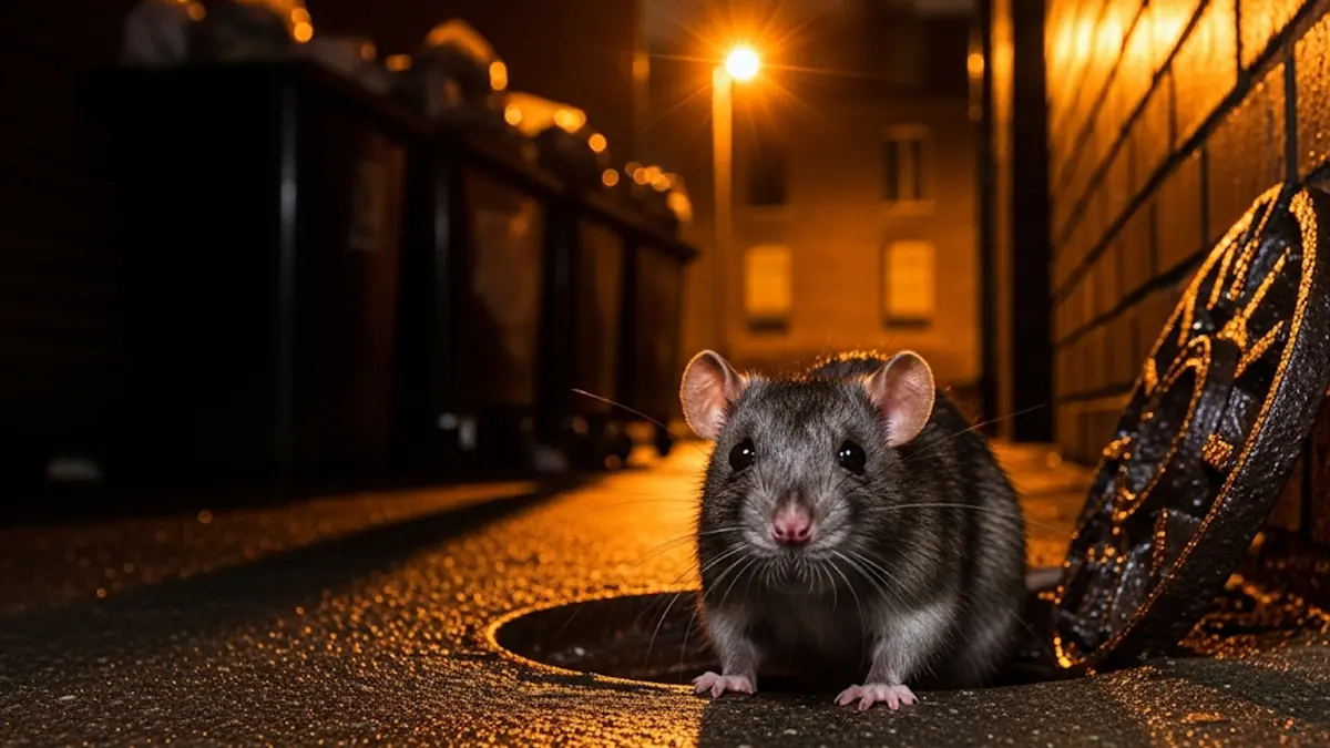 Primo piano di un grosso ratto bruno che emerge da ombra in un vicolo urbano