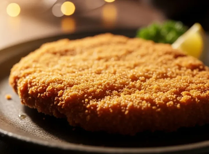 Primo piano di una cotoletta di carne fritta dorata e croccante su un piatto rustico