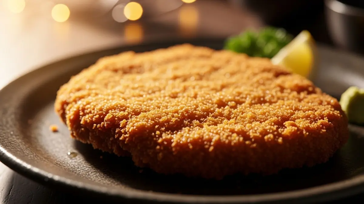 Primo piano di una cotoletta di carne fritta dorata e croccante su un piatto rustico