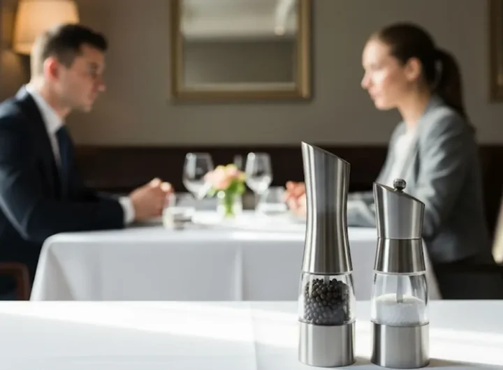 Sale e pepe su un tavolo da ristorante durante un colloquio di lavoro formale