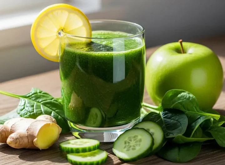 Un bicchiere di frullato detox verde brillante