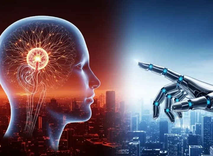 Un cervello umano stilizzato si fonde con circuiti digitali luminosi