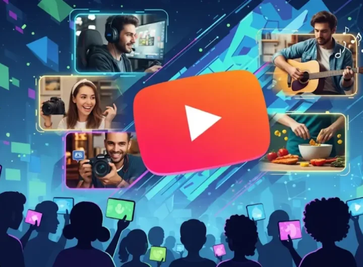 Un collage dinamico e colorato che unisce elementi iconici di YouTube