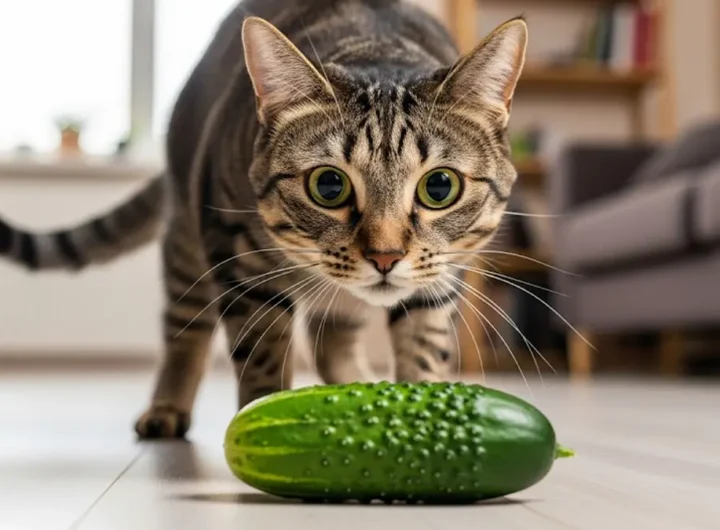 Un gatto soriano guarda con sospetto un cetriolo appoggiato su un pavimento di legno