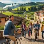 Un gruppo di amici sorridenti che esplorano un pittoresco villaggio europeo a piedi e in bicicletta