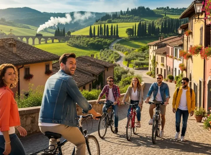 Un gruppo di amici sorridenti che esplorano un pittoresco villaggio europeo a piedi e in bicicletta