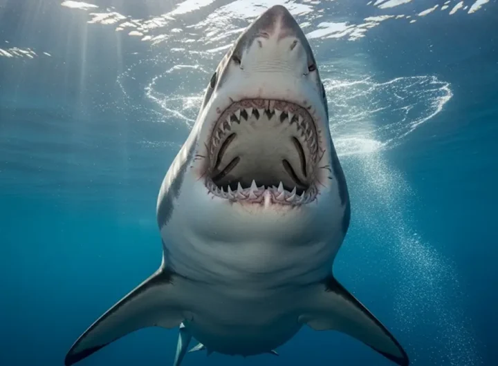 Un primo piano ravvicinato della bocca spalancata di un grande squalo bianco che mostra file multiple di denti affilati