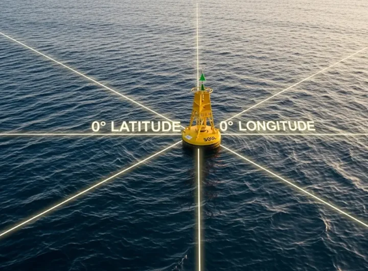 Una boa scientifica solitaria nel vasto oceano blu nel punto esatto delle coordinate 0