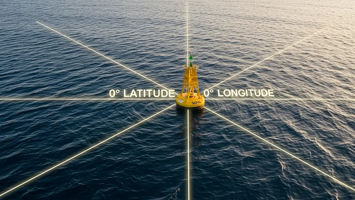 Una boa scientifica solitaria nel vasto oceano blu nel punto esatto delle coordinate 0