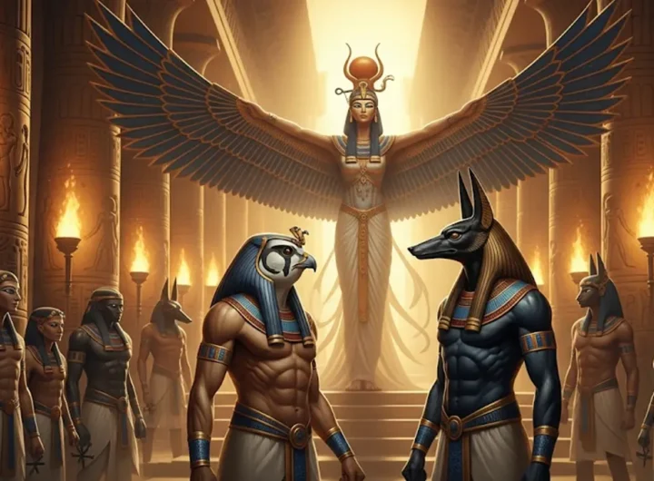 Una composizione artistica che mostra alcune delle principali divinità egizie