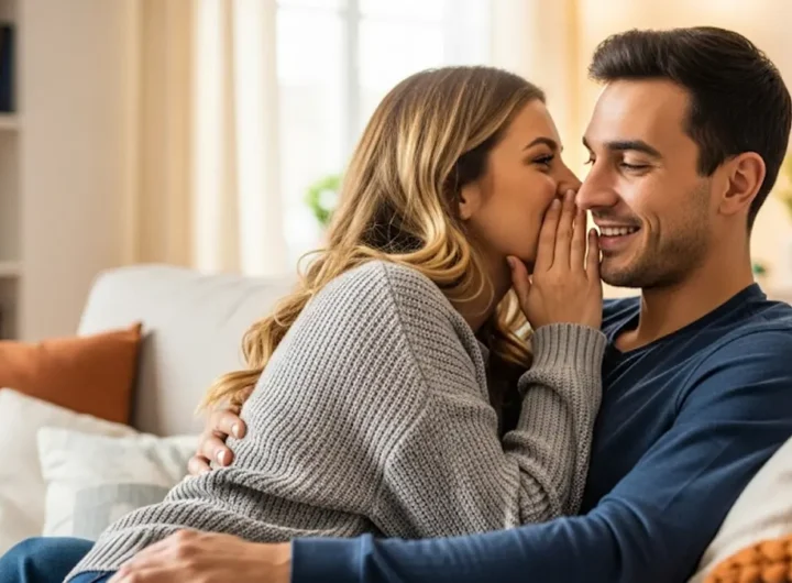 Una coppia giovane e sorridente seduta su un divano accogliente in un ambiente domestico
