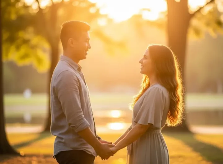 Una coppia sorridente si tiene per mano in un parco al tramonto