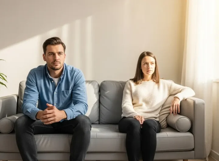 Una coppia un uomo e una donna seduti su un divano moderno