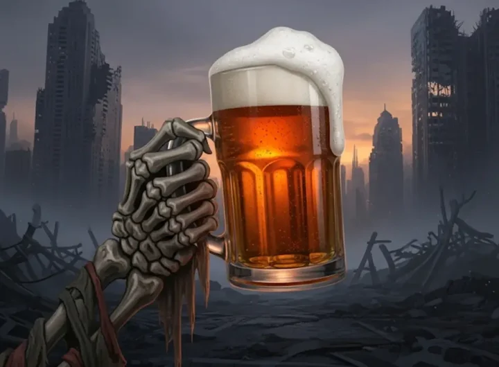 Una mano scheletrica con un bicchiere di birra schiumosa
