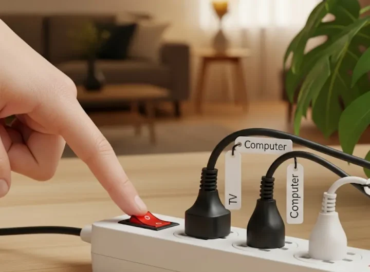 Una mano spegne un interruttore di una presa multipla a cui sono collegati diversi dispositivi elettronici