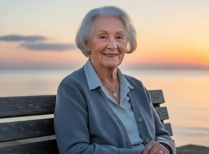 Una persona anziana e sorridente in riva al mare al tramonto