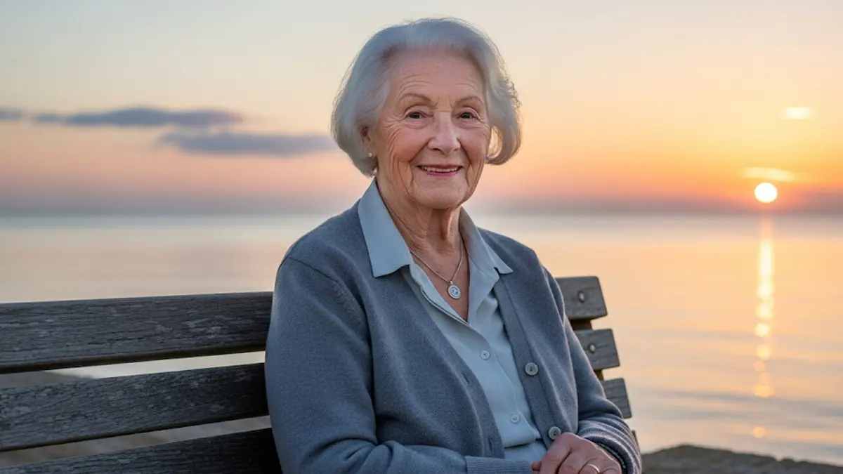 Una persona anziana e sorridente in riva al mare al tramonto