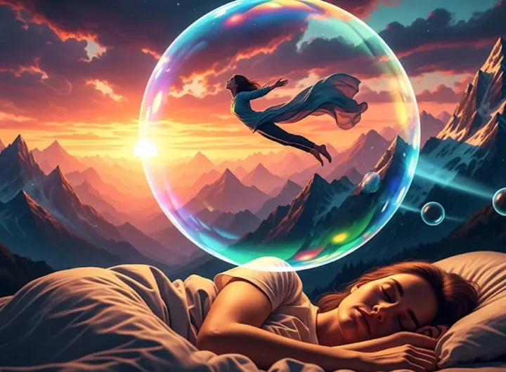 Una persona che controlla il suo sogno lucido volando liberamente in un cielo fantastico