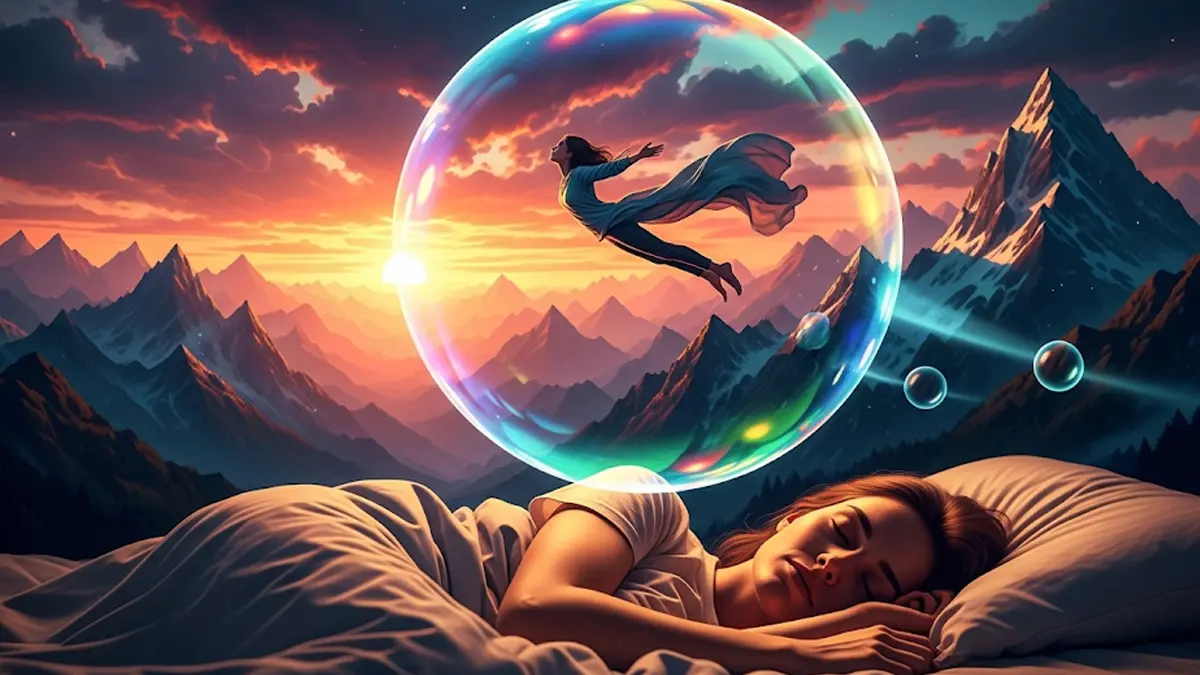 Una persona che controlla il suo sogno lucido volando liberamente in un cielo fantastico