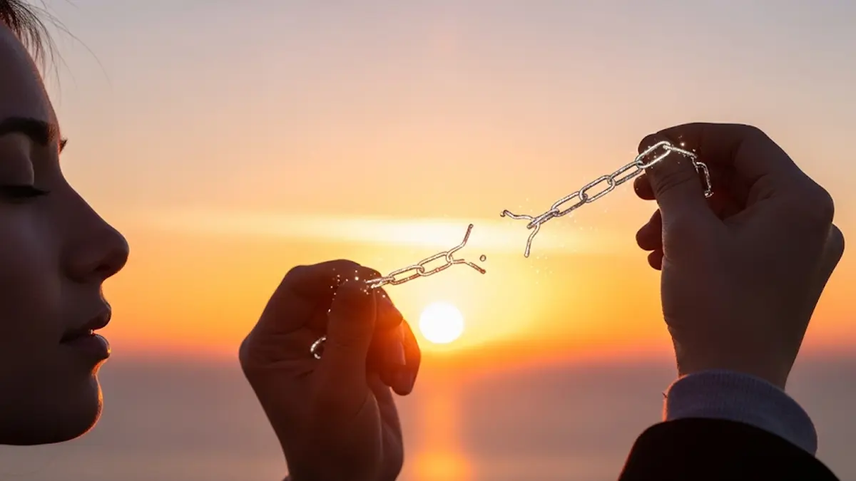 Una persona che simbolicamente spezza delle catene invisibili che la legano